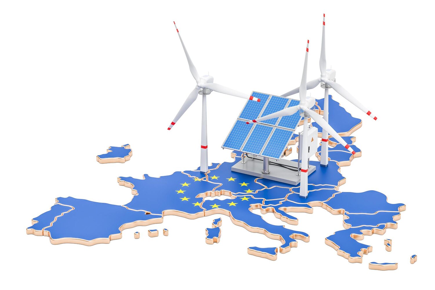 Euroopan kartta EU:n väreissä, päällä aurinkopaneeleita ja tuulivoimaloita